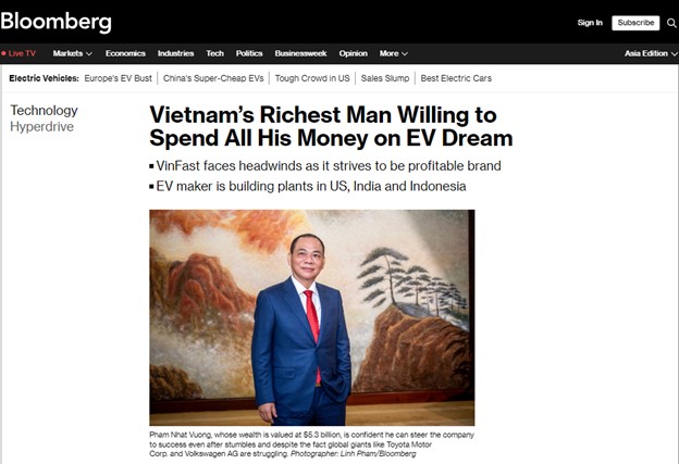 Bloomberg đăng bài phỏng vấn Chủ tịch Vingroup Phạm Nhật Vượng vào đúng ngày kỷ niệm 5 năm khánh thành nhà máy VinFast