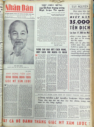 Báo Nhân Dân ngày 3-2-1969 đăng tác phẩm “Nâng cao đạo đức cách mạng, quét sạch chủ nghĩa cá nhân” của Chủ tịch Hồ Chí Minh. Ảnh: TƯ LIỆU