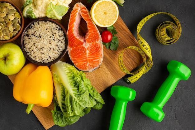 Flat lay of fish and vegetables