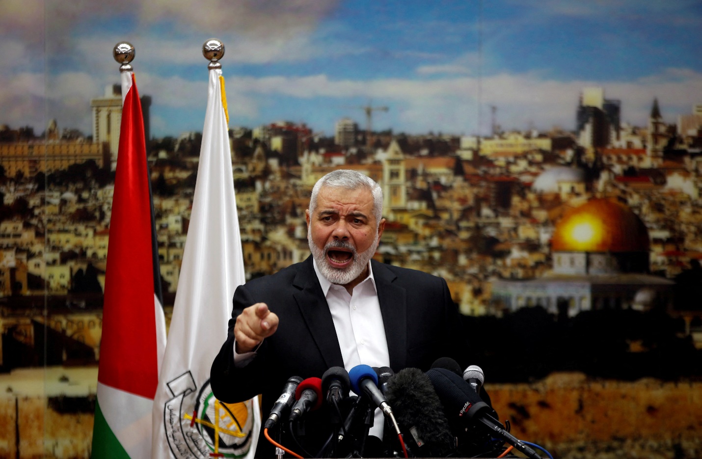 Hamas Chief Ismail Haniyeh gestures as he delivers a speech over U.S. President Donald Trump's decision to recognize Jerusalem as the capital of Israel, in Gaza City