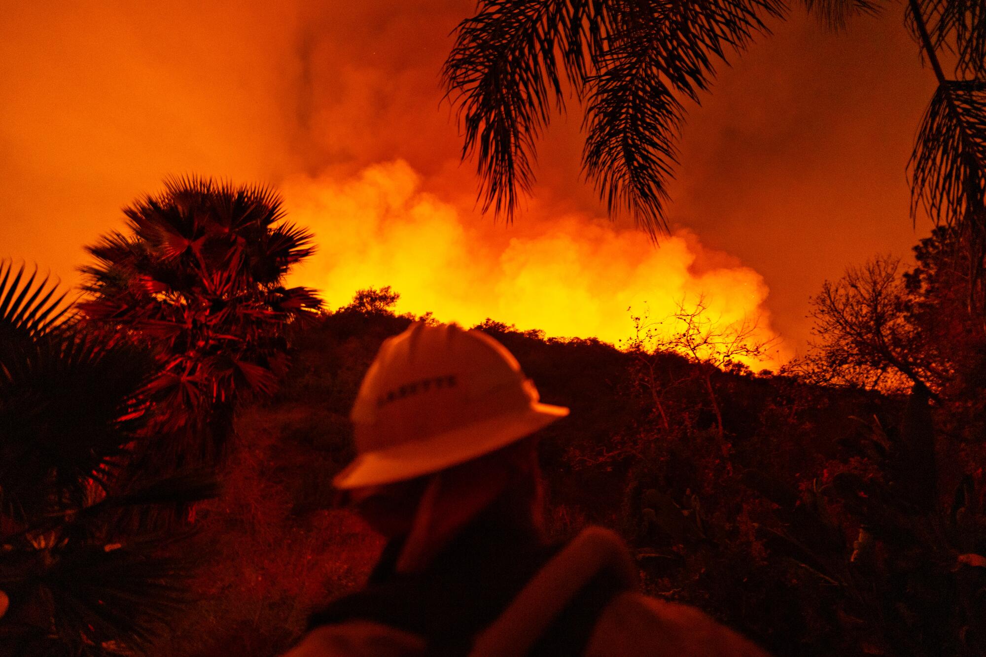 A firefighter in front of a ridge glowing with flame.