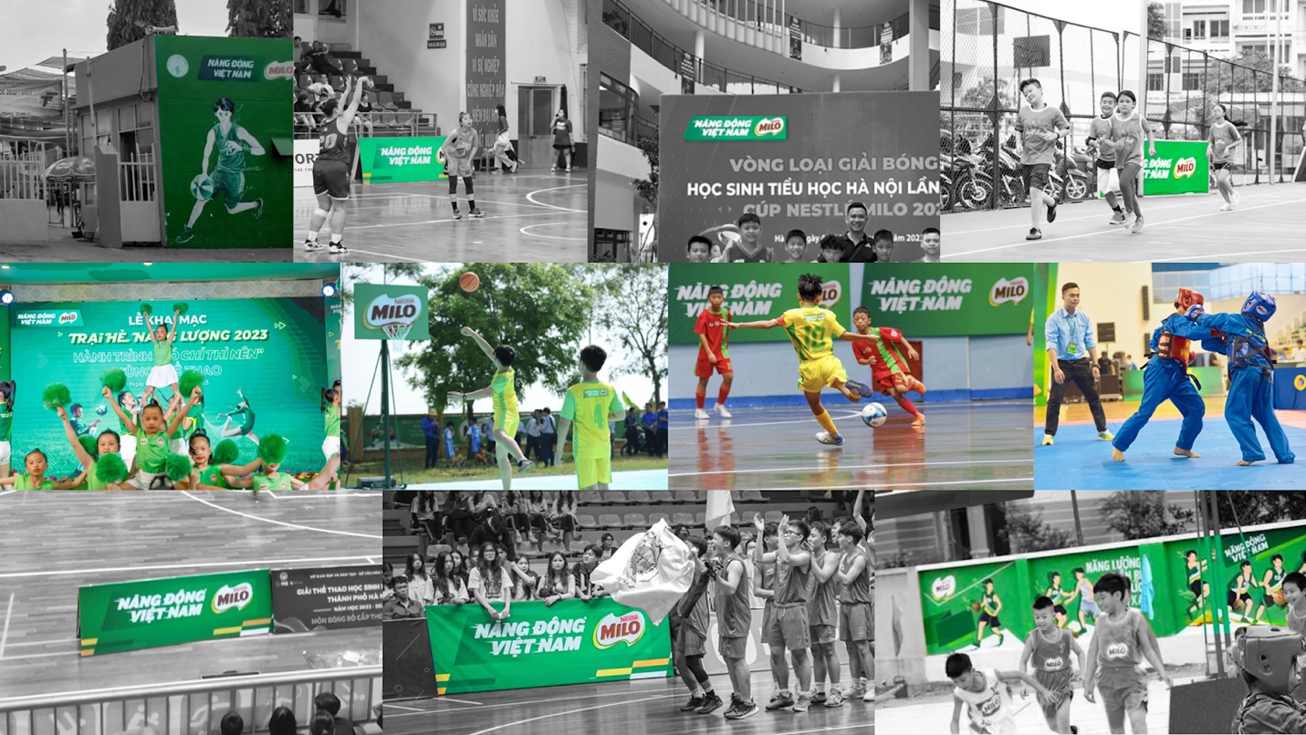 A collage of several images of kids playing sports  Description automatically generated