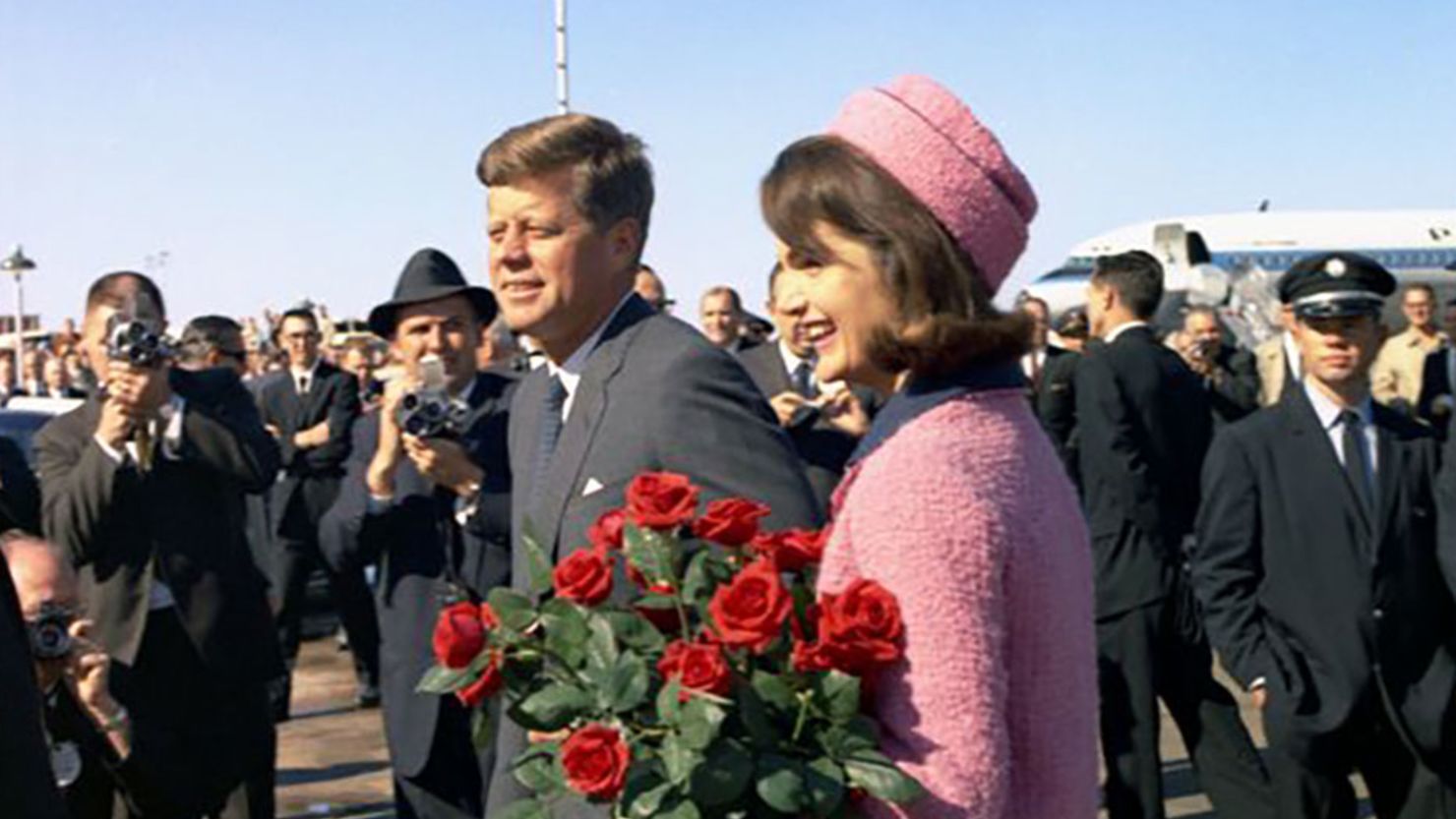 President John F. Kennedy and First Lady Jacqueline Kennedy arrive at Love Field, Dallas, Texas.