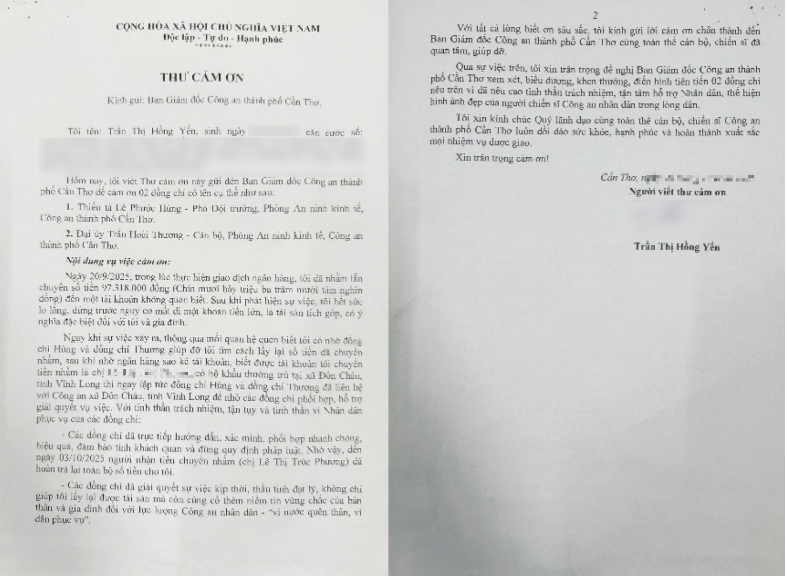 Những lá thư cảm ơn lực lượng Công an TP Cần Thơ đầy ý nghĩa và Xúc động - Ảnh 1.