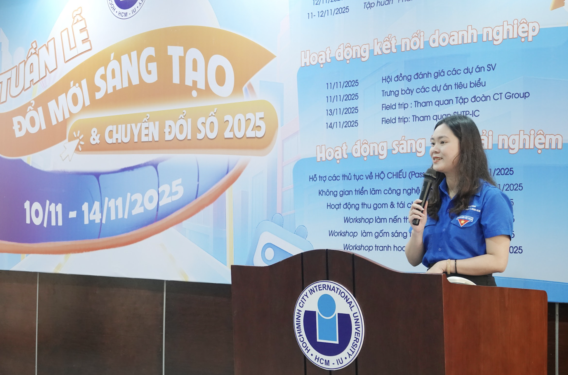 ThS Lê Thị Quỳnh Mai - Bí thư Đoàn trường Trường ĐH Quốc tế - phát biểu kêu gọi thanh niên đoàn viên trong trường cùng tham gia đổi mới sáng tạo để cùng xây dựng trường học xanh - phát triển bền vững