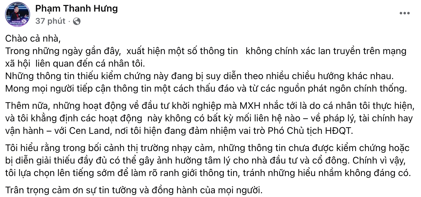 Shark Hưng lên tiếng về lùm xùm trên mạng xã hội và Cen Land - Ảnh 1.