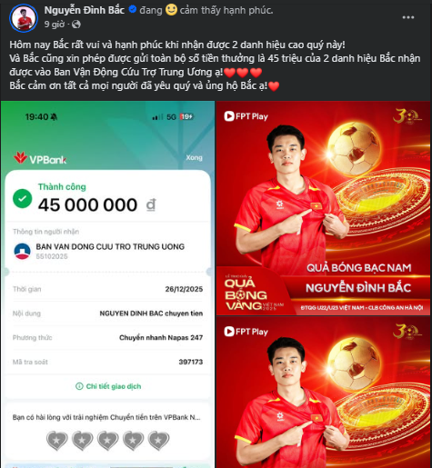 Nguyễn Đ&igrave;nh Bắc tặng to&agrave;n bộ tiền thưởng l&agrave;m từ thiện - Ảnh 2.