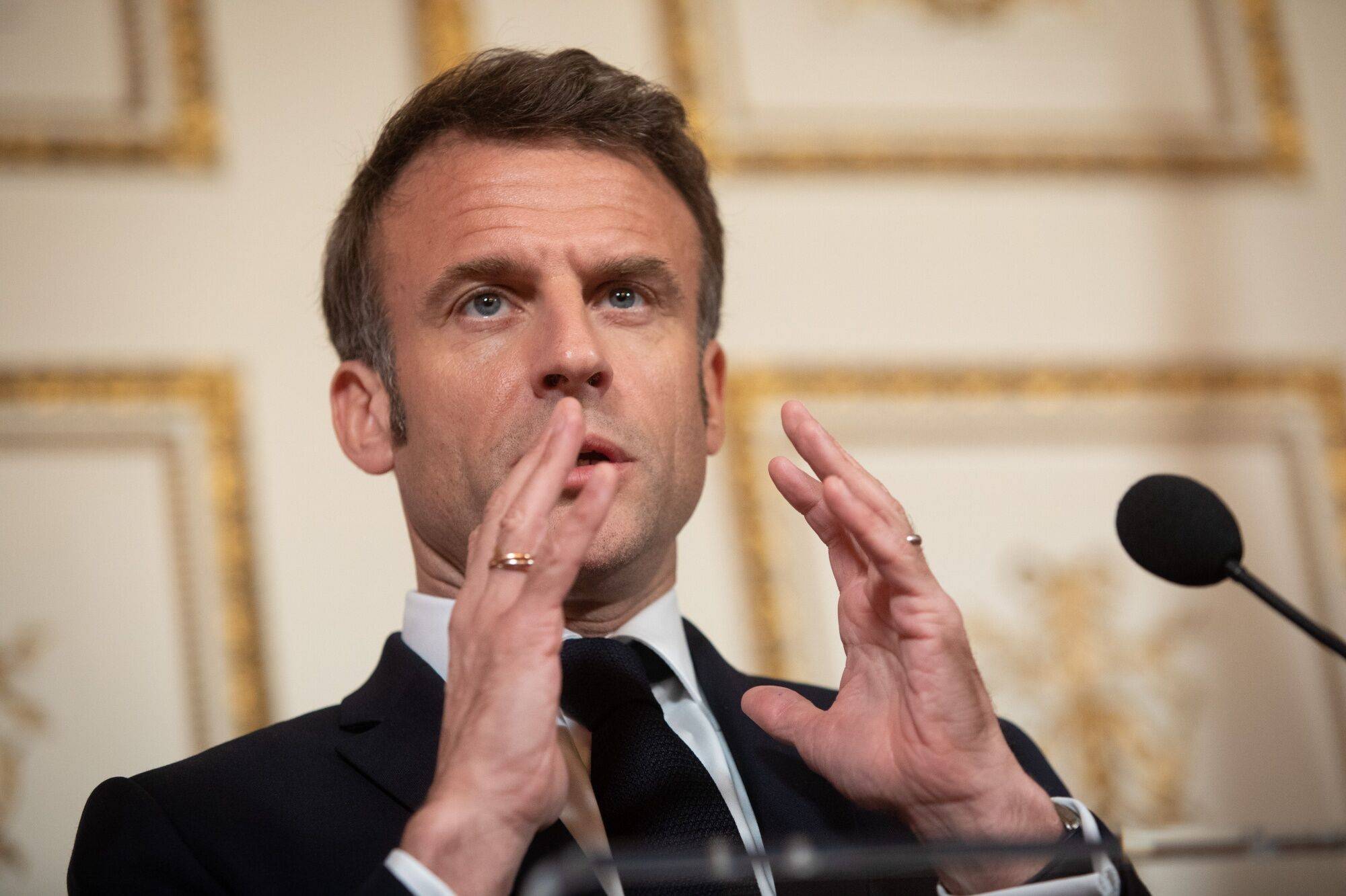 French President Emmanuel Macron during a joint news conference in Amsterdam on Wednesday | BLOOMBERG