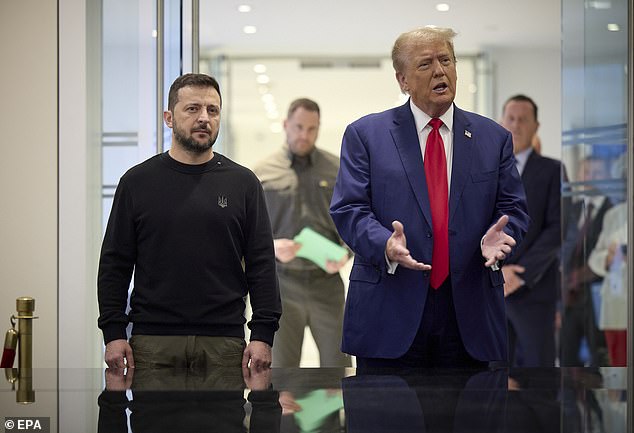 Volodymyr Zelensky has admitted he believes only Donald Trump can end the war in Ukraine as he is 'feared' by Vladimir Putin . Pictured: Zelensky with Trump during their meeting in Trump Tower in New York on September 27, 2024