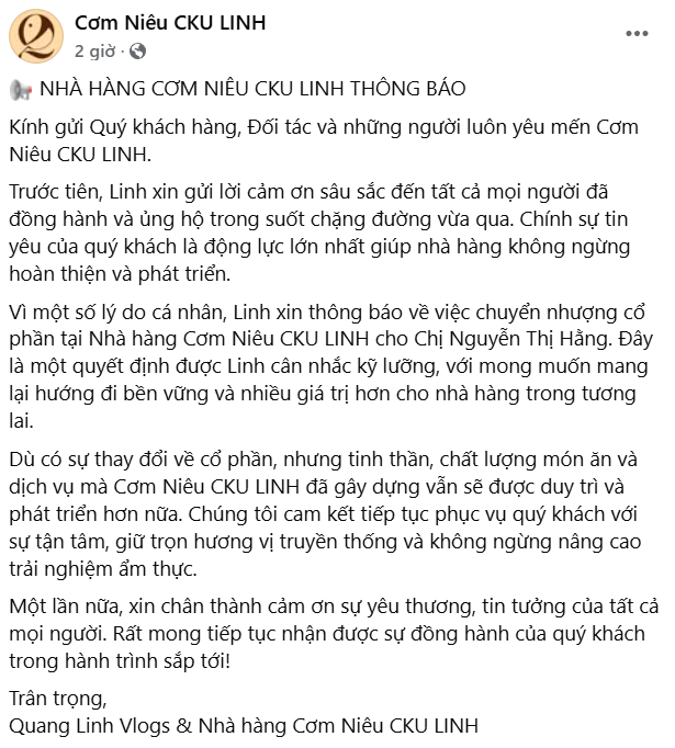 Sau ồn ào quảng cáo lố, Quang Linh Vlogs chuyển nhượng cổ phần nhà hàng cơm niêu- Ảnh 1.