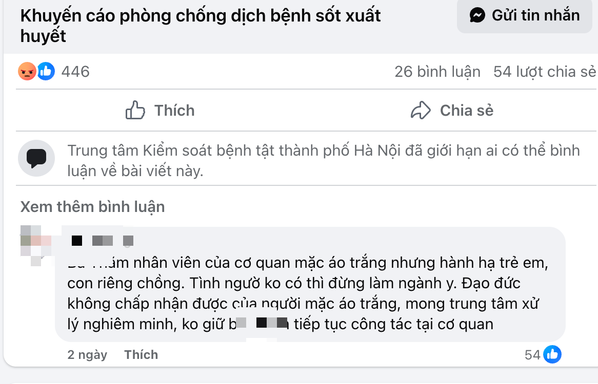 CDC Hà Nội khóa bình luận Fanpage vì nhân viên liên quan vụ 'mẹ kế bạo hành'- Ảnh 1. CDC Hà Nội khóa bình luận Fanpage vì nhân viên liên quan vụ 'mẹ kế bạo hành'- Ảnh 1.