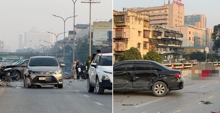 Tai nạn liên hoàn nghiêm trọng trên cầu vượt, người đi xe máy tử vong, xe biến dạng - Ảnh 1.