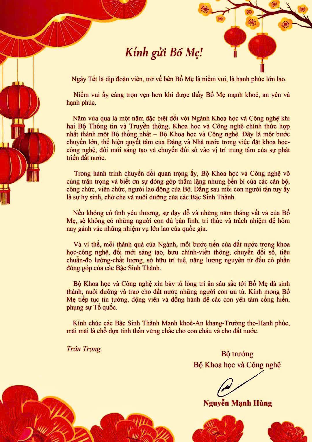 Bộ trưởng Nguyễn Mạnh Hùng gửi thư chúc Tết tới bố mẹ công chức ngành KH - CN 2026 - Ảnh 1. Bộ trưởng Nguyễn Mạnh Hùng gửi thư chúc Tết tới bố mẹ công chức ngành KH - CN 2026 - Ảnh 1.