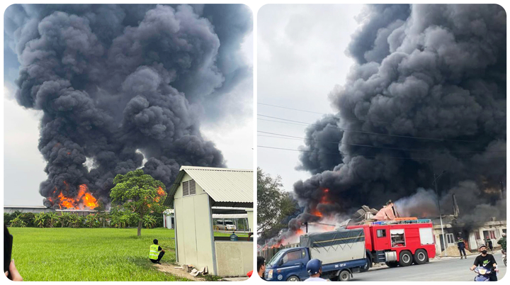 Hỏa hoạn Hưng Yên nghiêm trọng , khói đen bùng phát từ nhà xưởng chứa mút xốp - Ảnh 1.