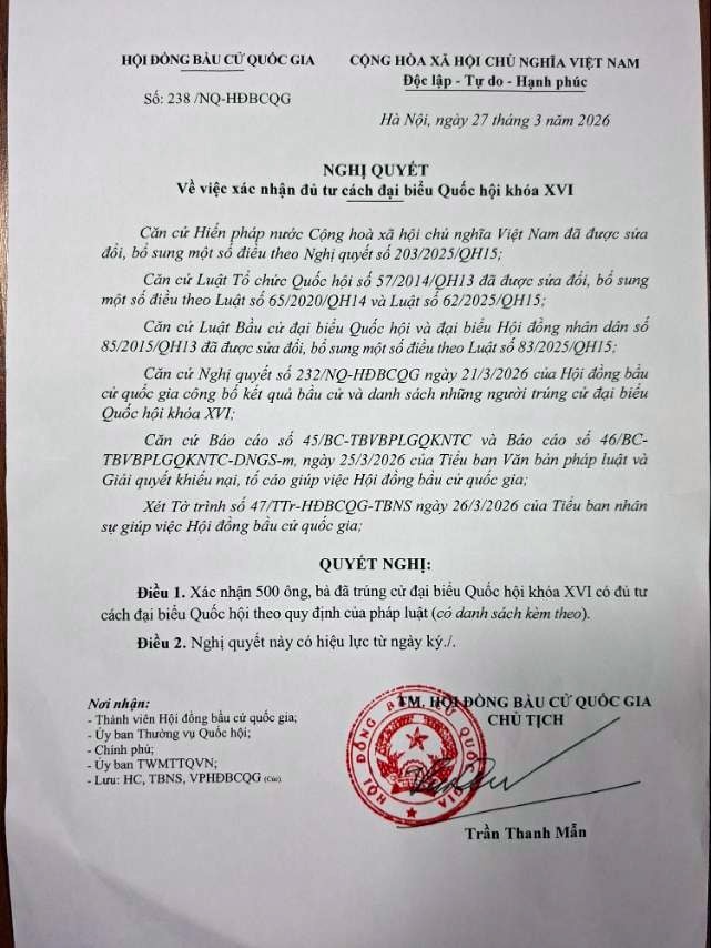 Hội đồng Bầu cử quốc gia xác nhận tư cách đại biểu Quốc hội Khóa XVI với 500 người trúng cử - Ảnh 1.