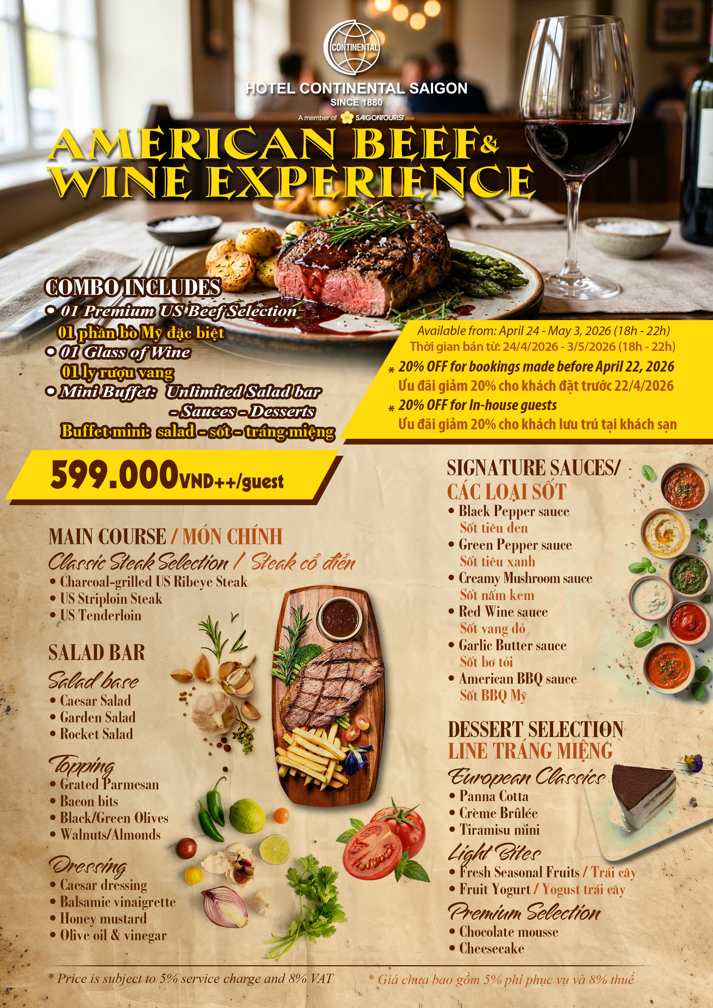 Hotel Continental Saigon: Thưởng thức mỹ vị Steak & Vang giữa lòng di sản trong dịp đại lễ 30-4 - Ảnh 2.