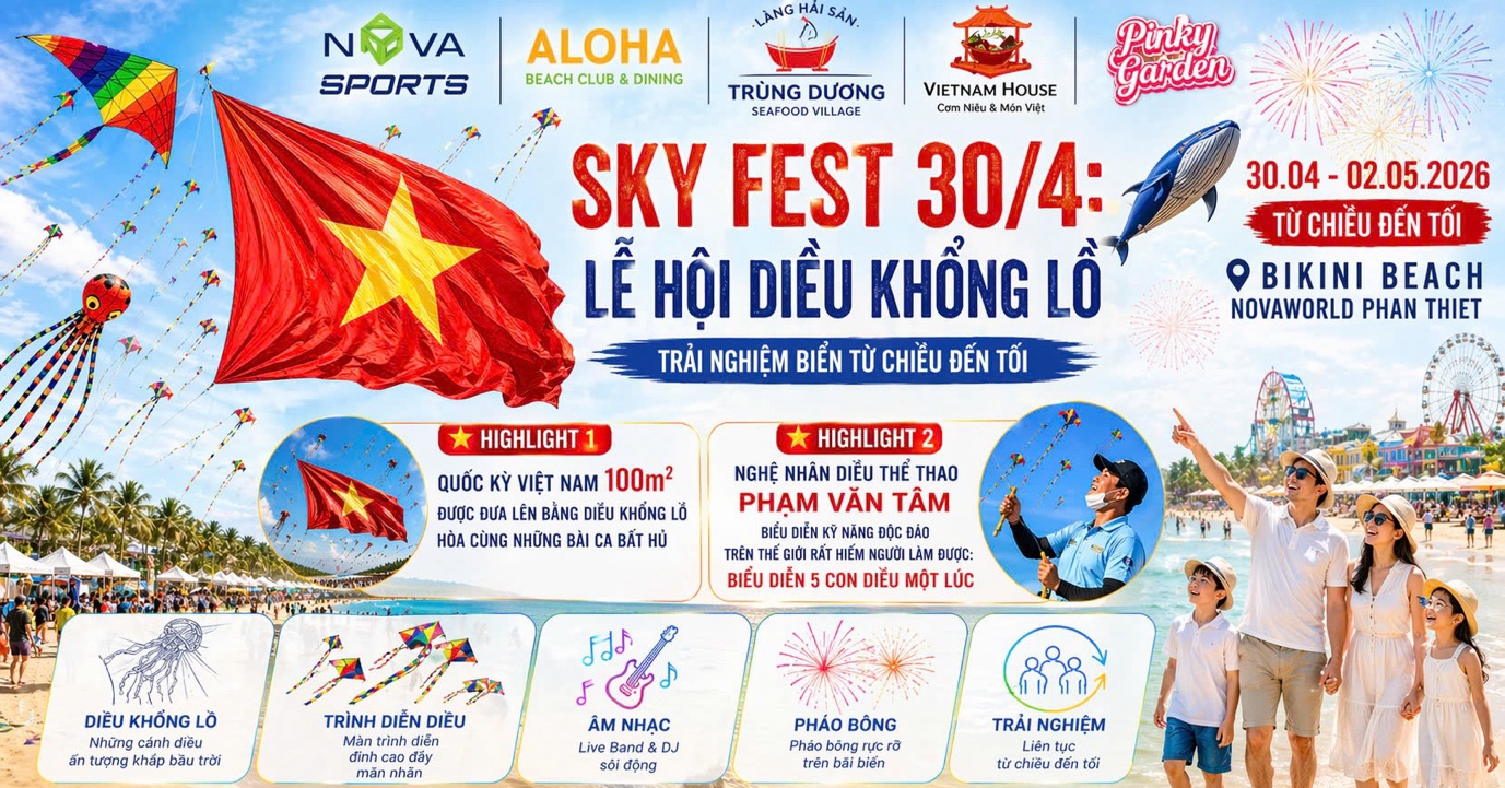 Lễ hội Diều Khổng Lồ: Quốc kỳ Việt Nam bay trên biển NovaWorld Phan Thiết dịp lễ 30-4