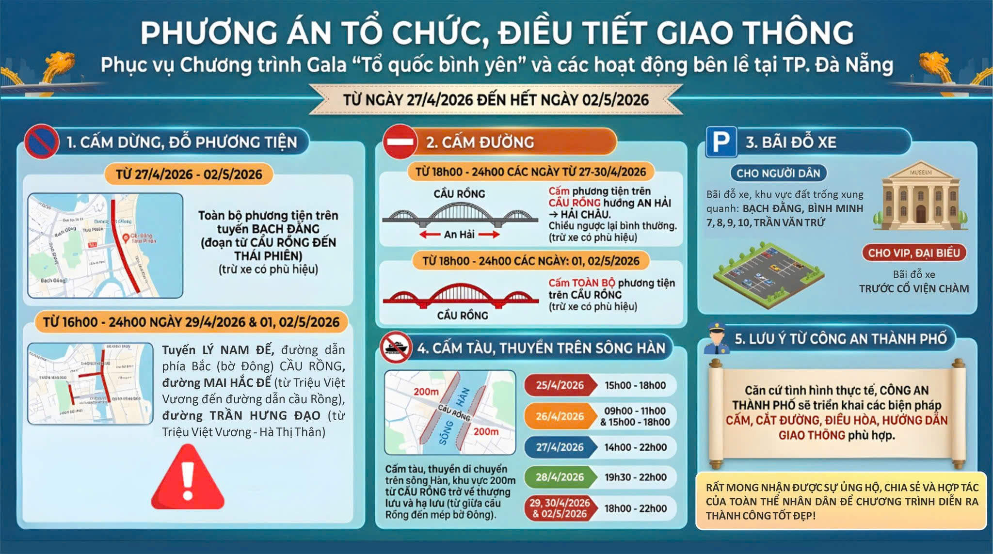 Lễ 30-4, Đ&agrave; Nẵng cấm đường cầu Rồng, siết dừng đỗ h&agrave;ng loạt tuyến ven s&ocirc;ng H&agrave;n - Ảnh 1.
