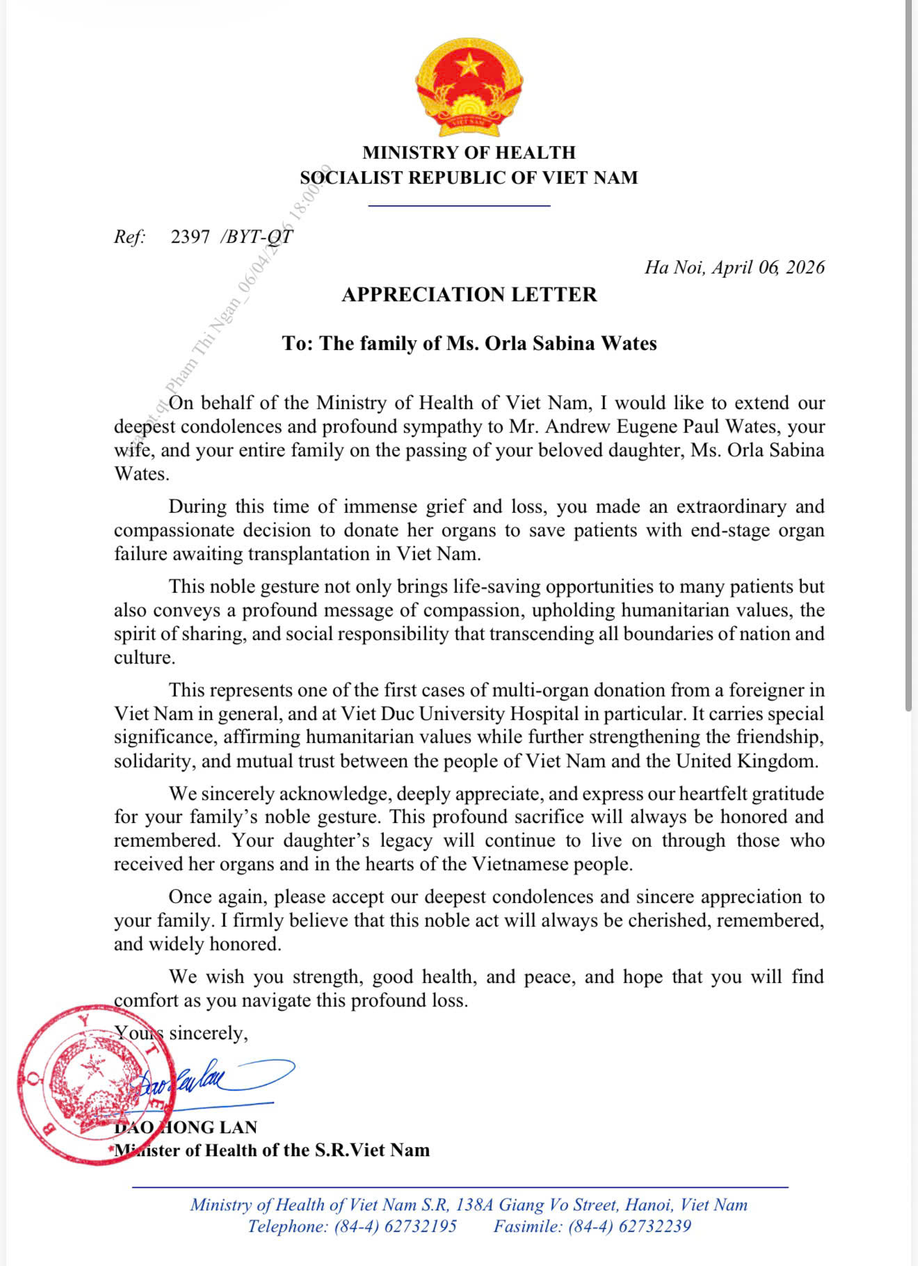 Bộ trưởng gửi thư cảm tạ gia đình cô gái Anh hiến tạng cứu 3 người - Ảnh 1.