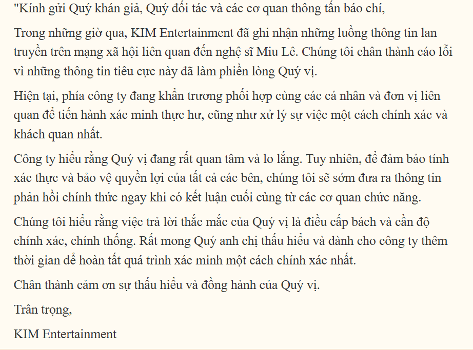 Phía Miu Lê lên tiếng về tin 