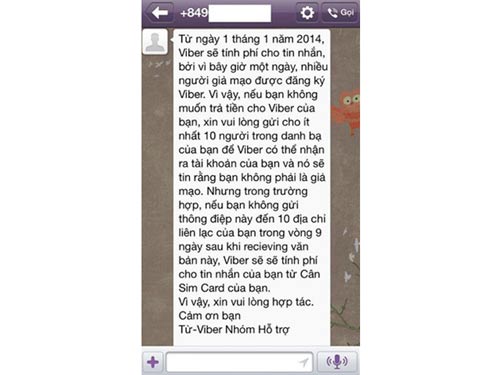 Tin nhắn thu phí Viber từ 2014 là giả mạo