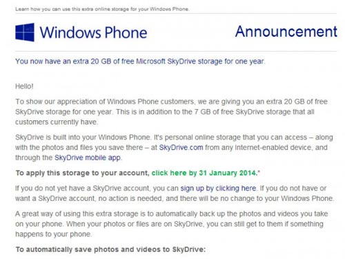 20 GB SkyDrive miễn phí cho người dùng Windows Phone