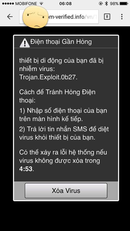 
Người dùng sẽ nhận được những thông báo giả như thế này khi gõ nhầm tên miền và bị trỏ sang một website khác do hacker lập ra để lừa đảo.
