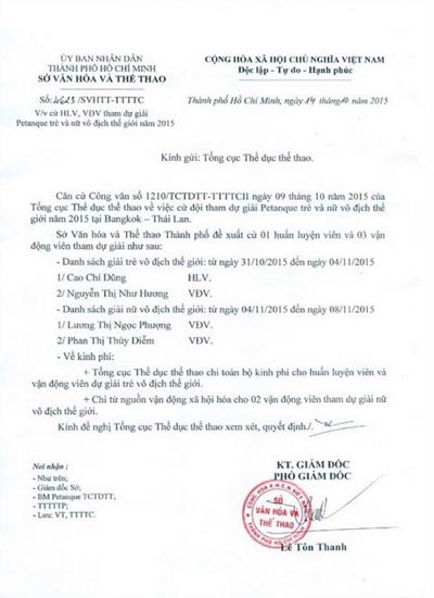 Văn bản của Sở Văn hóa - Thể thao TP HCM cử Lương Thị Ngọc Phượng, HLV trưởng đội Dự tuyển TP HCM, tham dự với tư cách VĐV