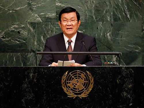
Chủ tịch Trương Tấn Sang phát biểu tại Hội nghị Thượng đỉnh Liên Hiệp Quốc ngày 25-9 Ảnh: REUTERS
