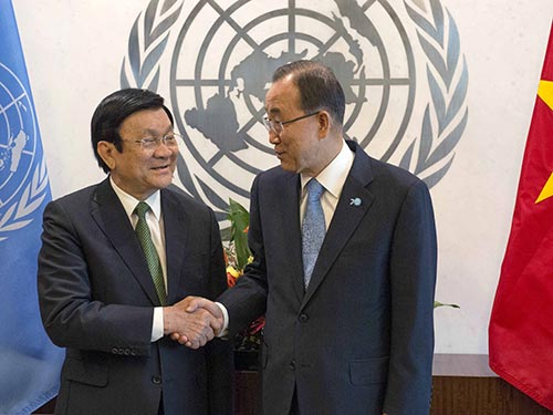 Chủ tịch nước Trương Tấn Sang hội kiến Tổng Thư ký Liên Hiệp Quốc Ban Ki-moon Ảnh: REUTERS