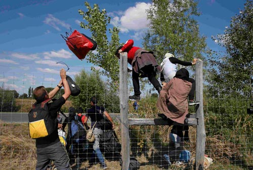 Người di cư leo qua hàng rào, rời khỏi điểm tập kết ở làng Roszke - Hungary hôm 9-9 Ảnh: REUTERS