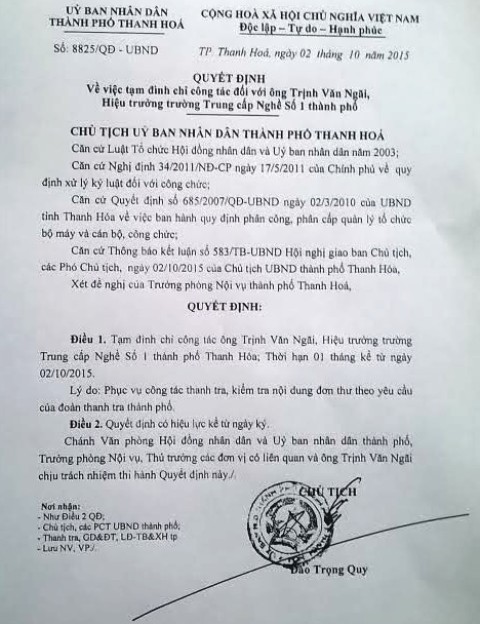 
Quyết định tạm đình chỉ công tác 1 tháng đối với ông Trịnh Văn Ngãi, Hiệu trưởng Trường trung cấp nghề số 1 (Thanh Hóa)
