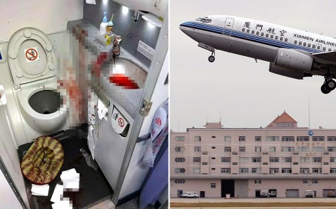 Cảnh tượng đáng sợ trong nhà vệ sinh mà hành khách cố tự tử. Ảnh: SCMP