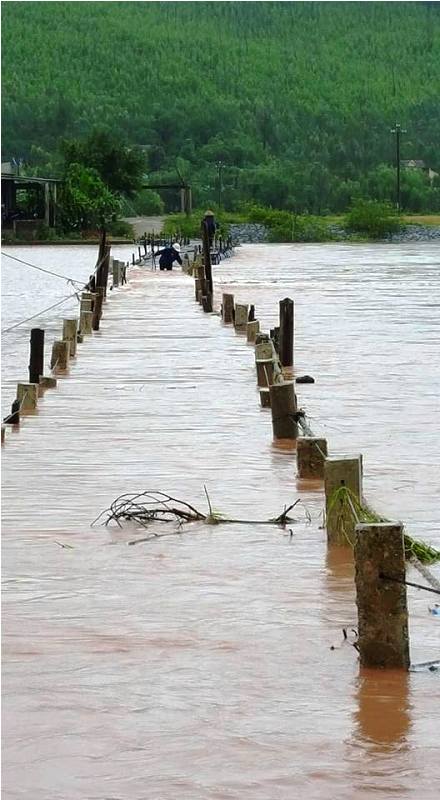 
Cầu phao bị ngập khiến người thôn Thuận Hòa bị cô lập.
