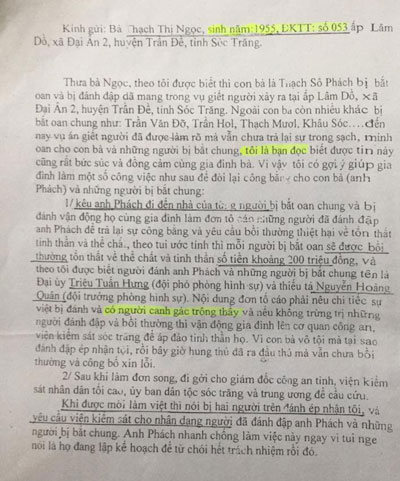 
Lá thư của người tốt bụng hướng dẫn mẹ anh Phách đi tố cáo bị cáo Hưng và bị cáo Quân
