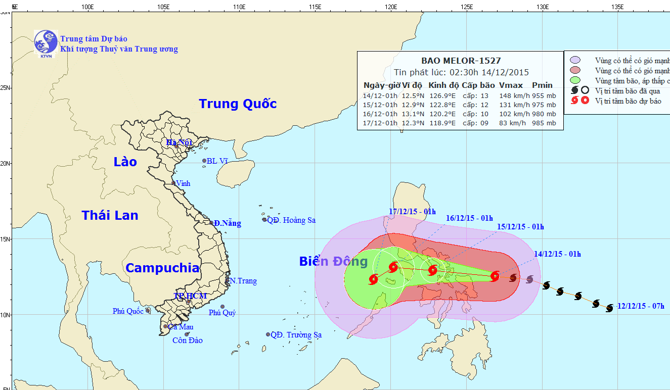 
Dự báo vị trí và đường đi của bão Melor. Nguồn: Trung tâm Dự báo khí tượng thủy văn Trung ương
