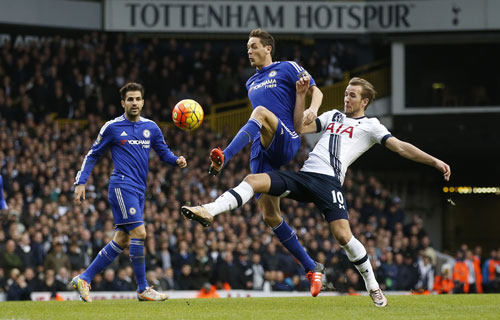 Harry Kane (phải) tranh bóng cùng Nemanja Matic Ảnh: REUTERS