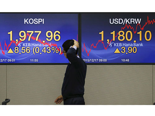 
Thị trường chứng khoán Hàn Quốc tăng điểm ngày 17-12 sau khi FED quyết định tăng lãi suất Ảnh: Reuters
