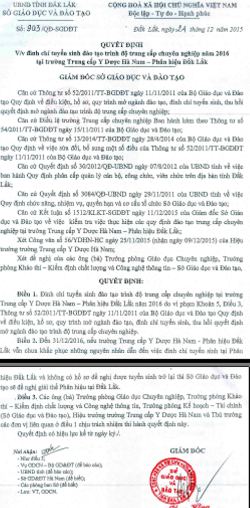 
Quyết định đình chỉ tuyển sinh của Sở GD-ĐT Đắk Lắk
