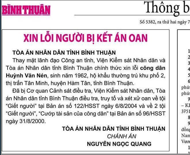 
Lời xin lỗi ông Huỳnh Văn Nén trên Báo Bình Thuận sáng 7-12.
