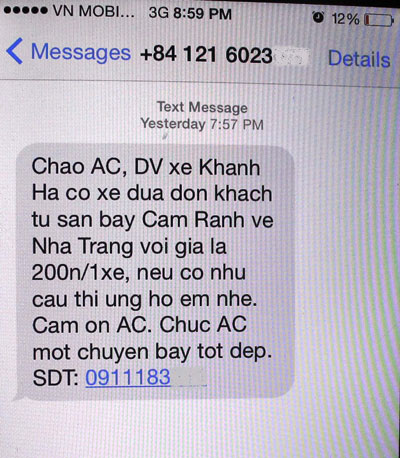 Tin nhắn rao bán dịch vụ vận tải từ sân bay Cam Ranh về TP Nha Trang, tỉnh Khánh Hòa