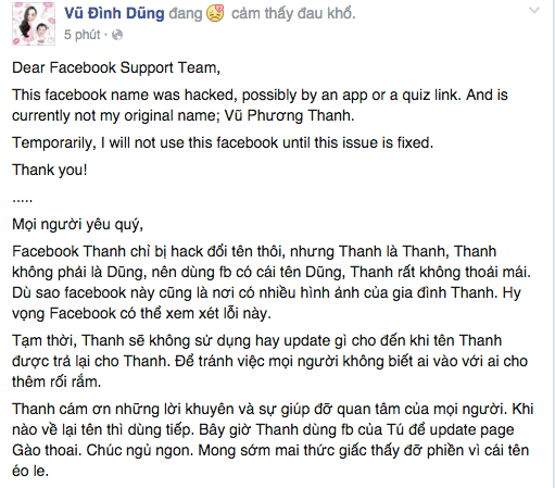 
Facebook của Gào - một trong những hot Facebook bị đổi tên thành Vũ Đình Dũng
