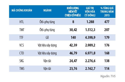 
Một số cổ phiếu tăng giá mạnh nhất năm 2015
