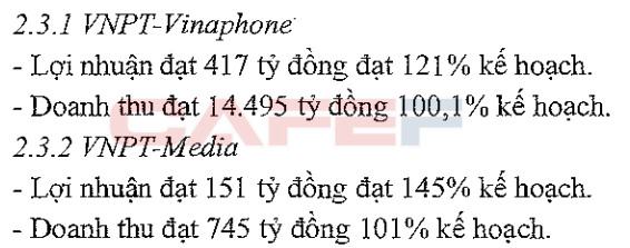 Số liệu của VNPT-Vinaphone và VNPT-Media chỉ phản ánh 6 tháng cuối năm 2015 do mới được thành lập