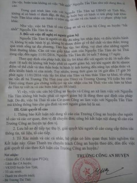 Công an huyện Sơn Tịnh cho rằng quy trình làm việc với em T. đúng theo quy định pháp luật