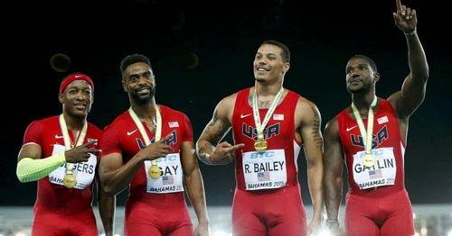 Đội tuyển tiếp sức nam của Mỹ có đến 2 người vướng doping là Tyson Gay và Gatlin Ảnh: USA TODAY