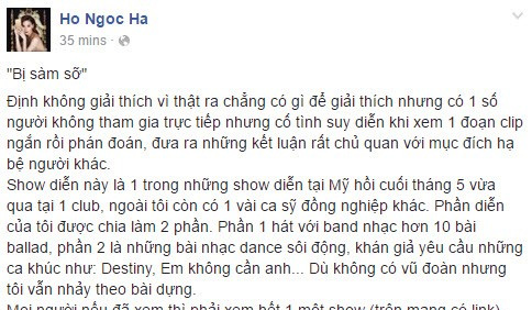 Hồ Ngọc Hà lên tiếng trên Facebook