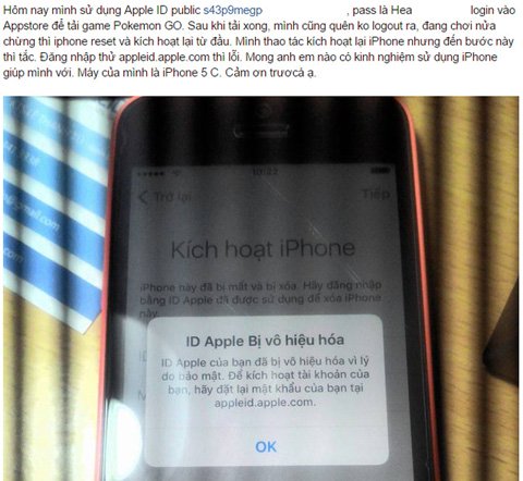 
Một cư dân mạng chia sẻ về hiện tượng iPhone bị khoá khi dùng Apple ID lạ để cài Pokemon Go.
