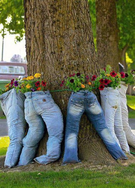 Một trong những ý tưởng táo bạo và độc đáo khi tái sử dụng những chiếc quần jeans cũ để làm bồn, chậu để trồng cây. Để làm mọi thứ lôi cuốn hơn, bạn có thể trồng cây và sắp xếp chúng theo những phong cách riêng.
