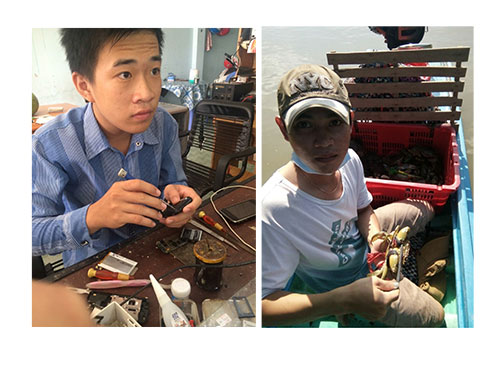 
Sau khi ra tù, anh Nguyễn Vũ Ca (bìa trái) đi học nghề sửa chữa điện thoại còn anh Nguyễn Hoàng Khang đi cân cua biển mướn
